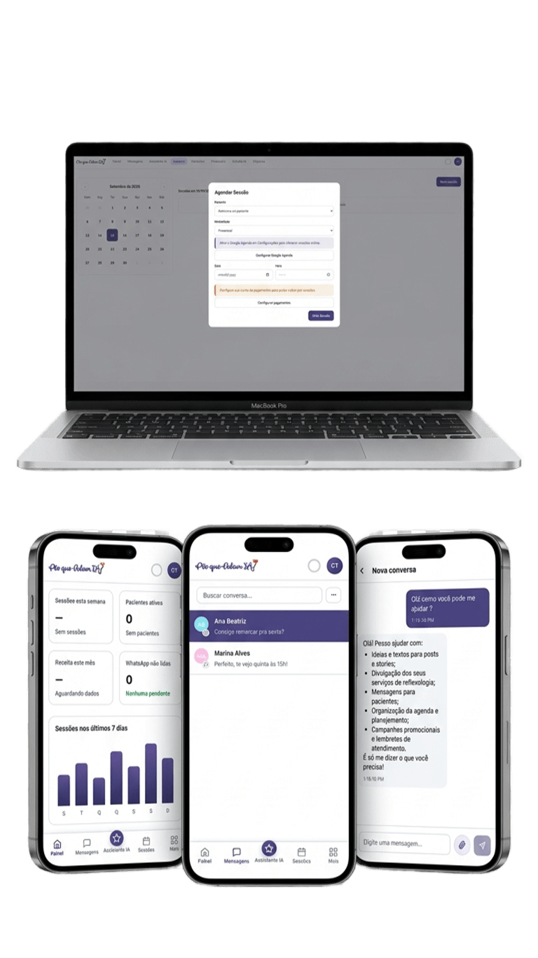 Painel de agenda no notebook e app de mensagens no celular, mostrando a Assistente IA respondendo um paciente